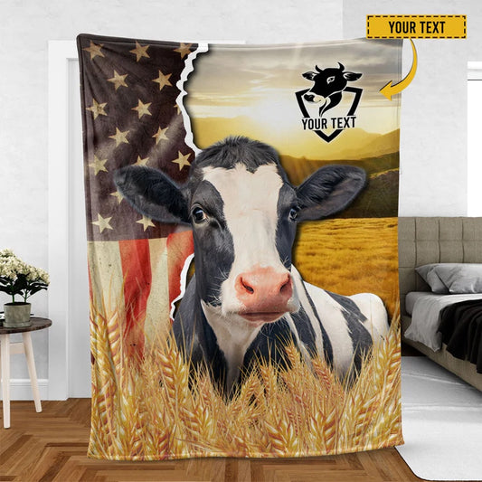 Holstein Cattle Personalized Name U.S Flag Blanket, Farm Blanket, Farm Animal Blanket