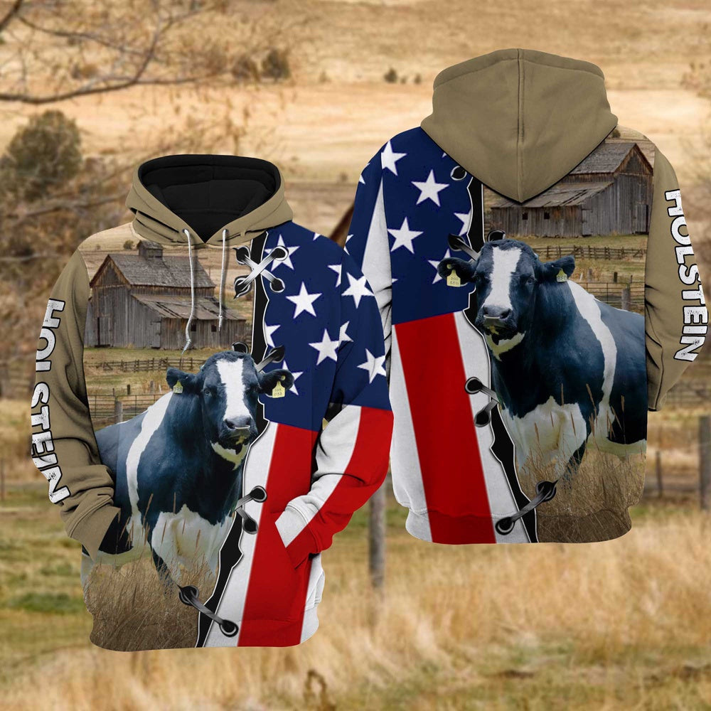 Holstein Cattle US Flag All Over Printed Hoodie, Farmer Hoodie, Farm Themed Shirts, Farm Tee Shirts