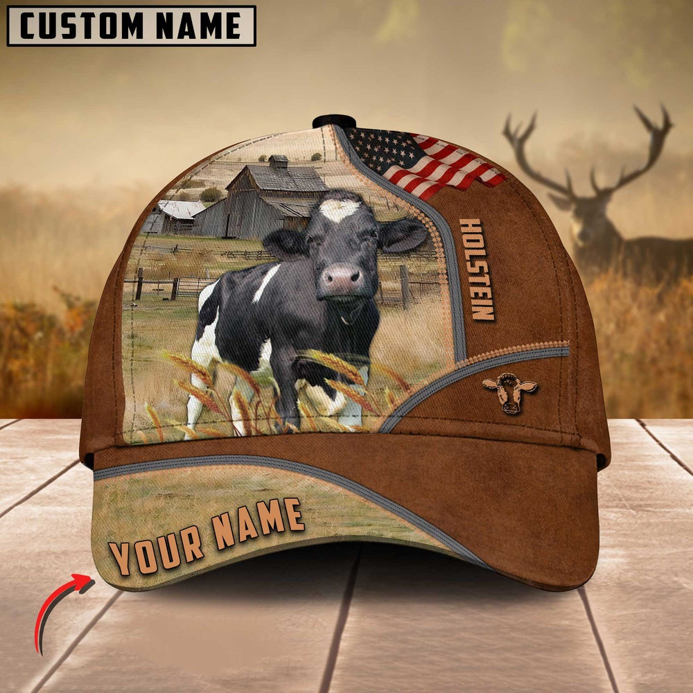 Holstein Cattle US Flag Customized Name Brown Cap, Farmer Cap, Cap For Farmers, Best Farm Hat, Farm Use Hat