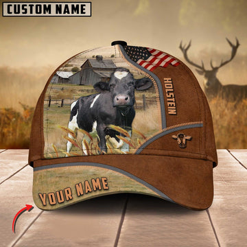 Holstein Cattle US Flag Customized Name Brown Cap, Farmer Cap, Cap For Farmers, Best Farm Hat, Farm Use Hat