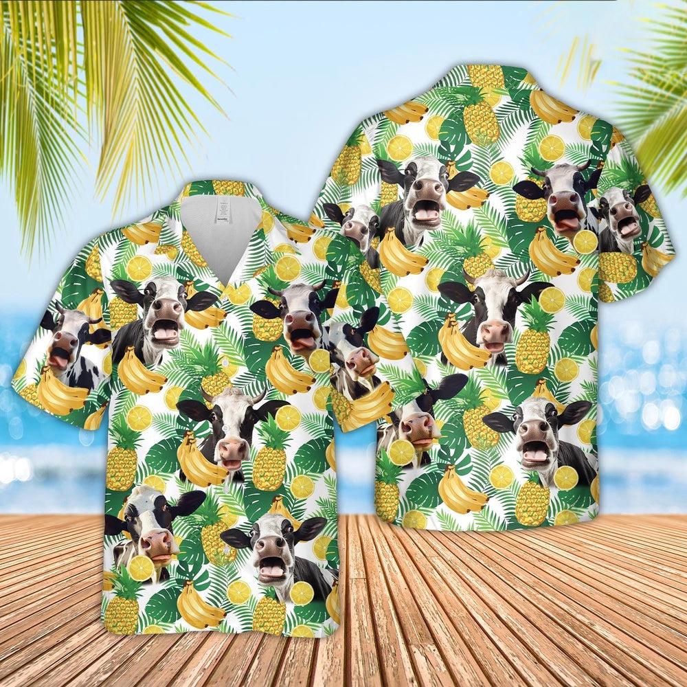 Holstein Cattle White Tropical Fruits Pattern Hawaiian Shirt, Farm Haw ...