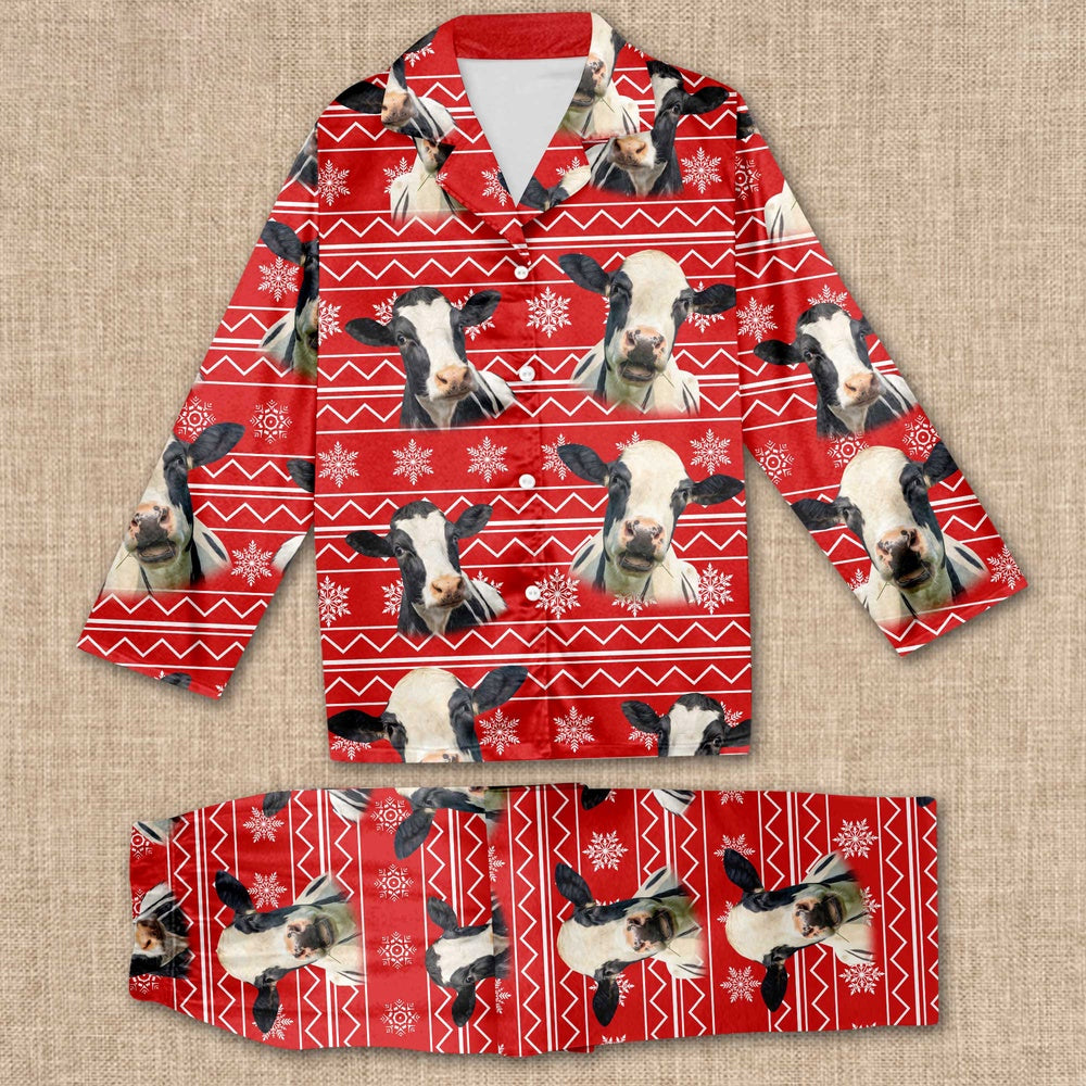 Holstein Christmas Pattern All Over Print Pajamas Sets, Farm Pajamas, Farm Animal Pajamas, Christmas Farm Pajamas