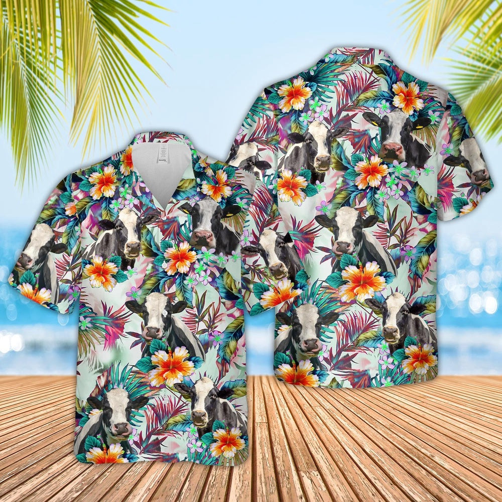 Holstein Cows with Flowers Hawaiian Shirt, Farm Hawaiian Shirt, Farmer Hawaii