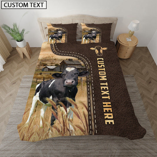 Holstein Custom Text Leather Pattern Bedding Set, Farm Bedding Set, Farmhouse Bedding Set