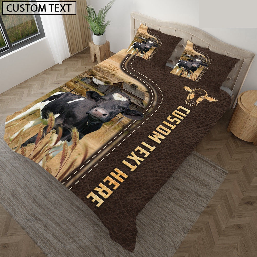 Holstein Custom Text Leather Pattern Bedding Set, Farm Bedding Set, Farmhouse Bedding Set