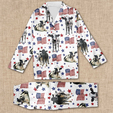 Holstein Happy Star US Flag Pattern All Over Print Pajamas Sets, Farm Pajamas, Farm Animal Pajamas, Christmas Farm Pajamas