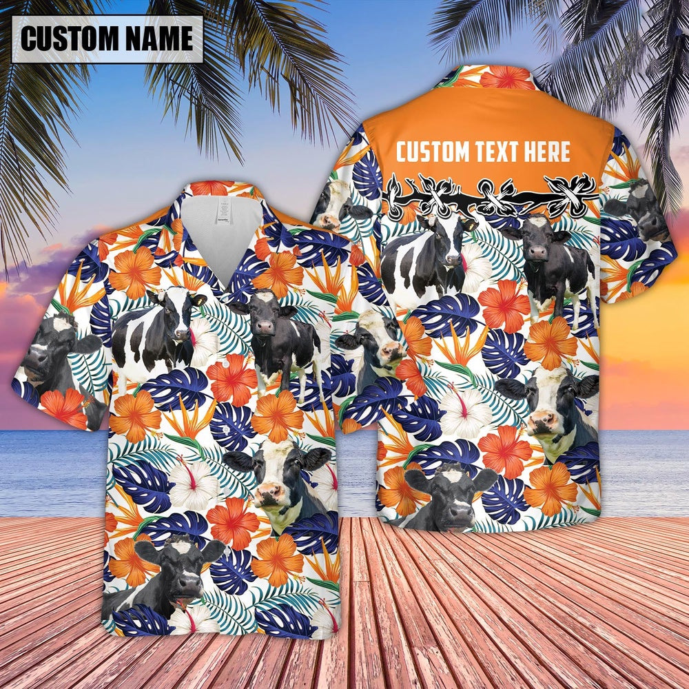 Holstein Hibiscus Blue Floral Custom Name Hawaiian Shirt, Farm Hawaiian Shirt, Farmer Hawaii