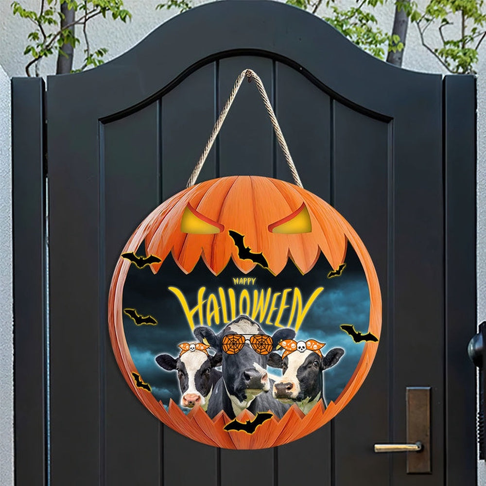 Holstein In Halloween Decoration Pumkpin Happy Halloween Wooden Sign, Farm Wood Sign, Farmhouse Decor Wooden Signs