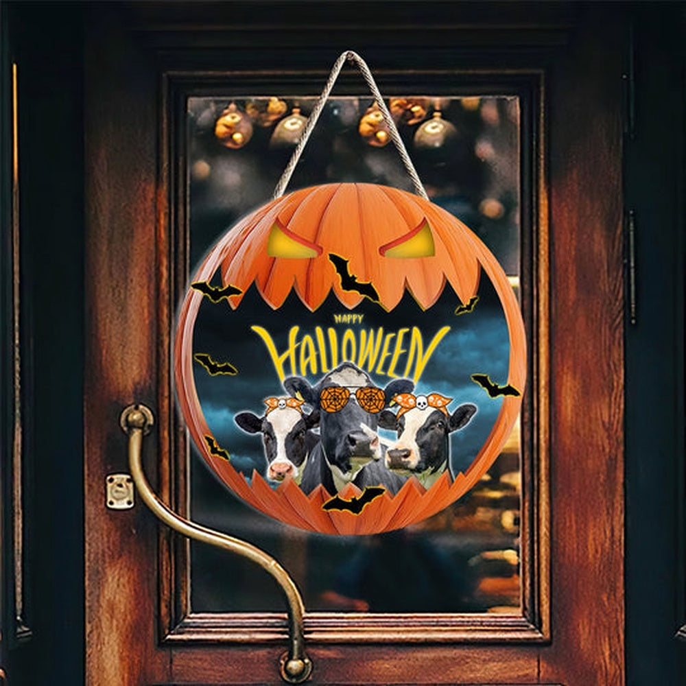 Holstein In Halloween Decoration Pumkpin Happy Halloween Wooden Sign, Farm Wood Sign, Farmhouse Decor Wooden Signs