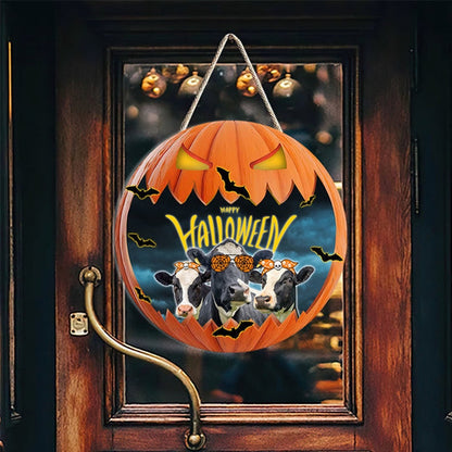 Holstein In Halloween Decoration Pumkpin Happy Halloween Wooden Sign, Farm Wood Sign, Farmhouse Decor Wooden Signs