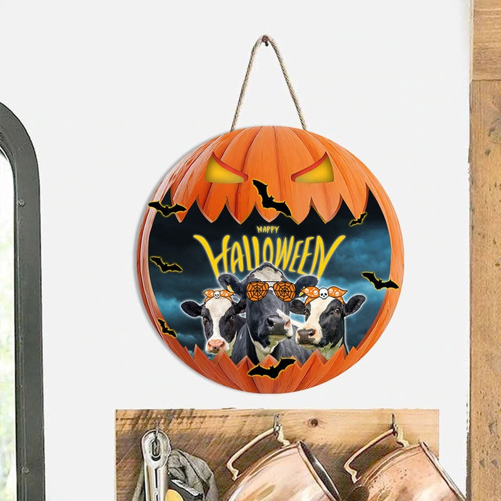 Holstein In Halloween Decoration Pumkpin Happy Halloween Wooden Sign, Farm Wood Sign, Farmhouse Decor Wooden Signs