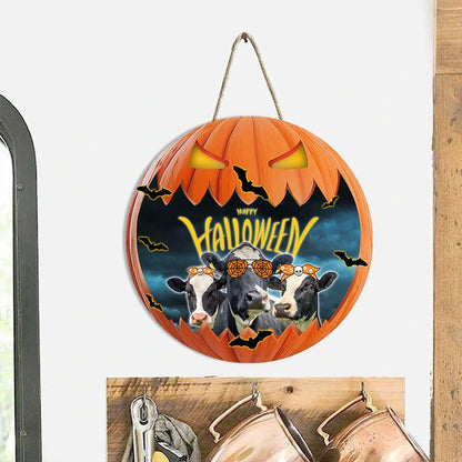 Holstein In Halloween Decoration Pumkpin Happy Halloween Wooden Sign, Farm Wood Sign, Farmhouse Decor Wooden Signs