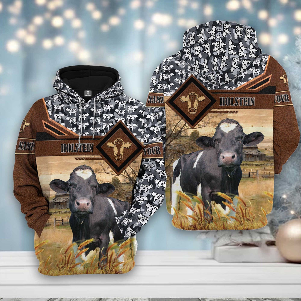 Holstein Leather Camo Pattern on Farm All Over Printed Hoodie, Farmer Hoodie, Farm Themed Shirts, Farm Tee Shirts