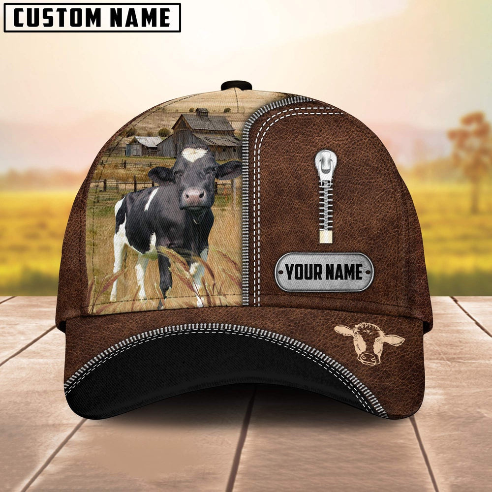 Holstein Leather Zip Pattern Customized Name Cap, Farmer Cap, Cap For Farmers, Best Farm Hat, Farm Use Hat