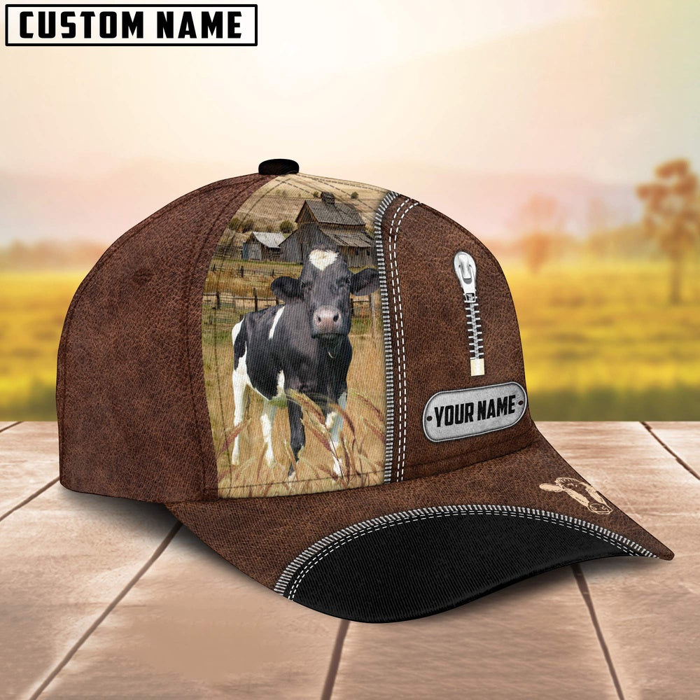 Holstein Leather Zip Pattern Customized Name Cap, Farmer Cap, Cap For Farmers, Best Farm Hat, Farm Use Hat