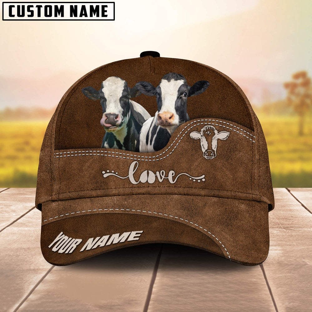 Holstein Love Leather Pattern Customized Name Cap, Farmer Cap, Cap For Farmers, Best Farm Hat, Farm Use Hat