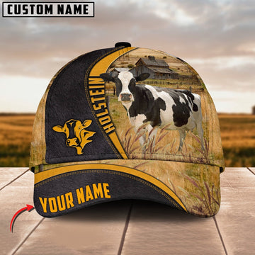 Holstein On Farm Black Yellow Leather Pattern Customized 3D Cap, Farmer Cap, Cap For Farmers, Best Farm Hat, Farm Use Hat