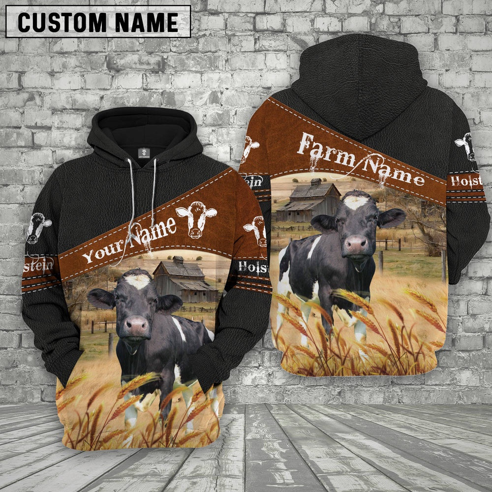 Holstein On Farms Custom Name Printed 3D Black Hoodie, Farmer Hoodie, Custom Farm Shirts, Farmer T Shirt