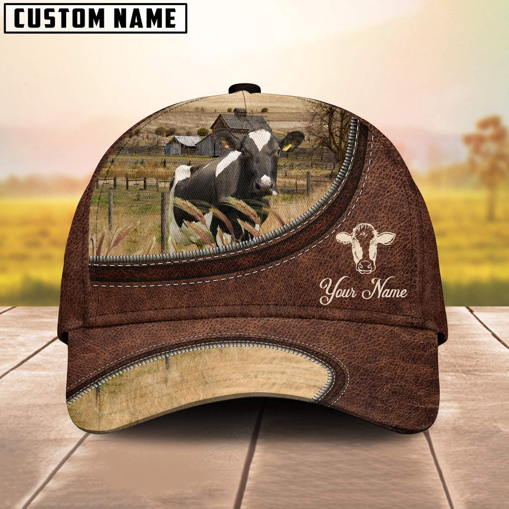 Holstein On The Farm Customized Name Leather Pattern Cap, Farmer Cap, Cap For Farmers, Best Farm Hat, Farm Use Hat
