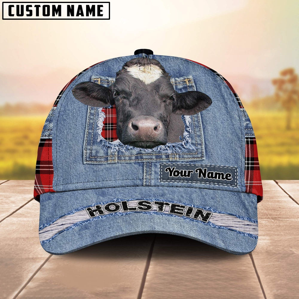 Holstein Overall Jeans Pattern And Red Caro Pattern Customized Name Cap, Farmer Cap, Cap For Farmers, Best Farm Hat, Farm Use Hat