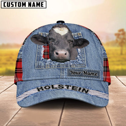 Holstein Overall Jeans Pattern And Red Caro Pattern Customized Name Cap, Farmer Cap, Cap For Farmers, Best Farm Hat, Farm Use Hat