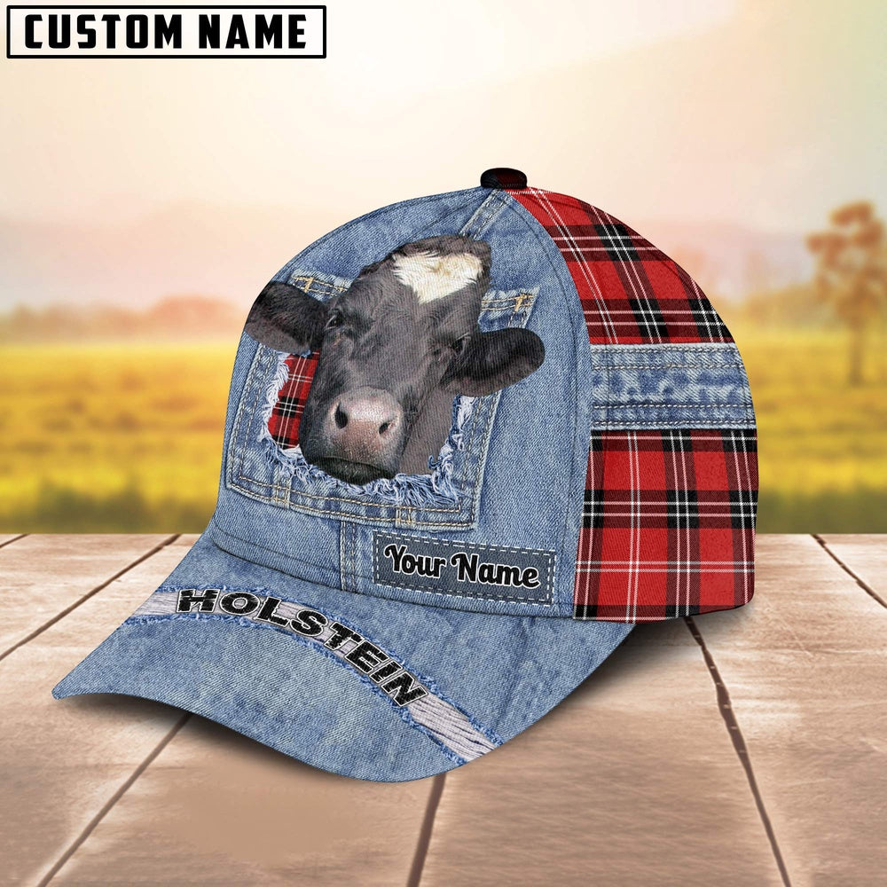 Holstein Overall Jeans Pattern And Red Caro Pattern Customized Name Cap, Farmer Cap, Cap For Farmers, Best Farm Hat, Farm Use Hat