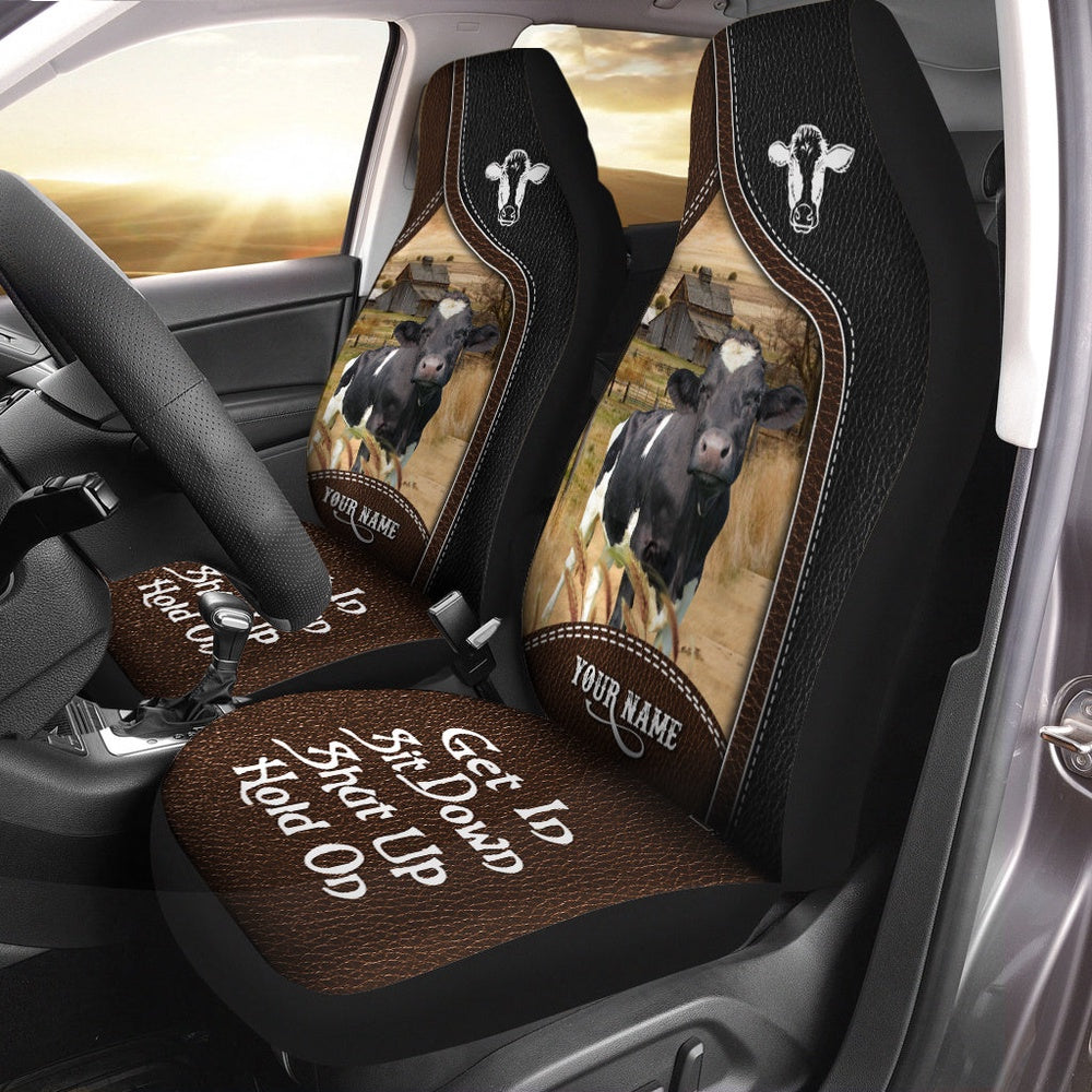 Holstein Personalized Name Black And Brown Leather Pattern Car Seat Cover, Car Seat Cover, Farm Car Seat Cover, Pet Seat Covers
