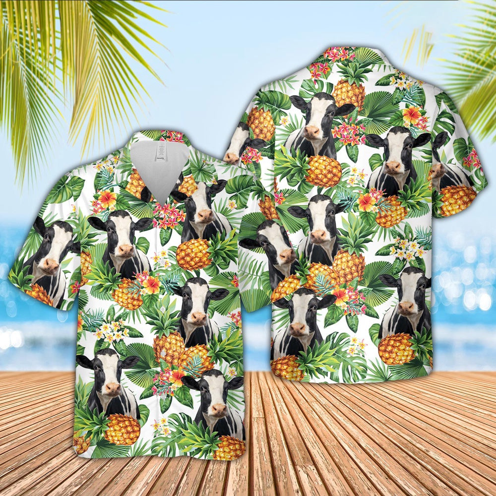 Holstein Pineapple Pattern 3D Hawaiian Shirt, Farm Hawaiian Shirt, Farmer Hawaii