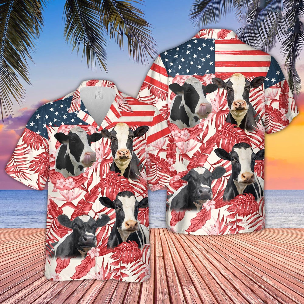 Holstein Red Floral US Flag Hawaiian Shirt, Farm Hawaiian Shirt, Farmer Hawaii