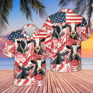 Holstein Red Floral US Flag Hawaiian Shirt, Farm Hawaiian Shirt, Farmer Hawaii