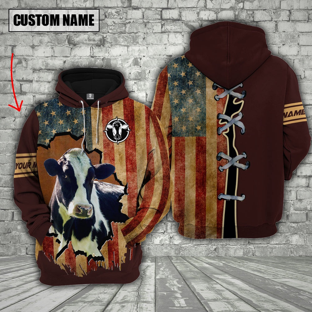 Holstein US Flag Retro Personalized 3D Hoodie, Farmer Hoodie, Custom Farm Shirts, Farmer T Shirt