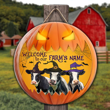 Holstein Welcome To Our Farm Pumpkin Pattern Happy Halloween Wooden Sign, Farm Wood Sign, Farm House Wood Signs