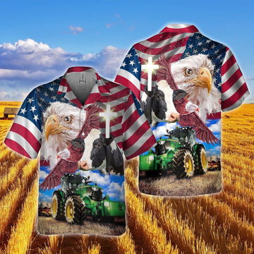 Holstein With Eagles And Tractor Hawaiian Shirt, Farm Hawaiian Shirt, Farmer Hawaii