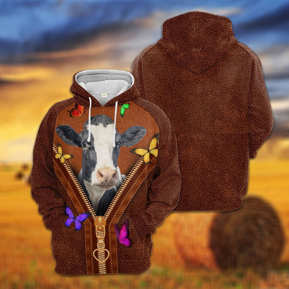 Holstein Zipper Sewing To Leather Hoodie, Farmer Hoodie, Farm Themed Shirts, Farm Tee Shirts