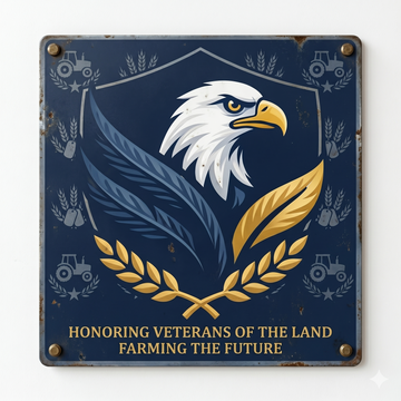 A square vintage navy blue metal sign with a rustic weathered border, featuring a large white bald eagle shield logo and the golden text "HONORING VETERANS OF THE LAND FARMING THE FUTURE", isolated on a white background