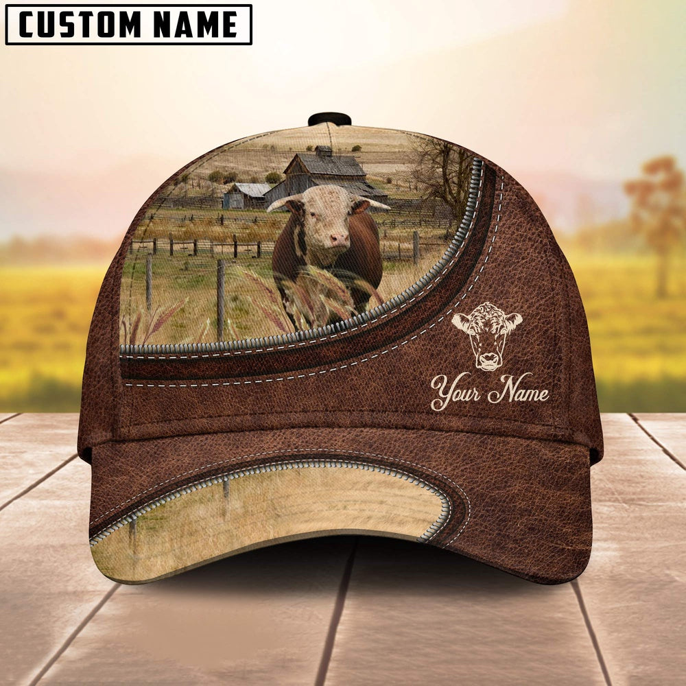 Horn Hereford On The Farm Customized Name Leather Pattern Cap, Farmer Cap, Cap For Farmers, Best Farm Hat, Farm Use Hat