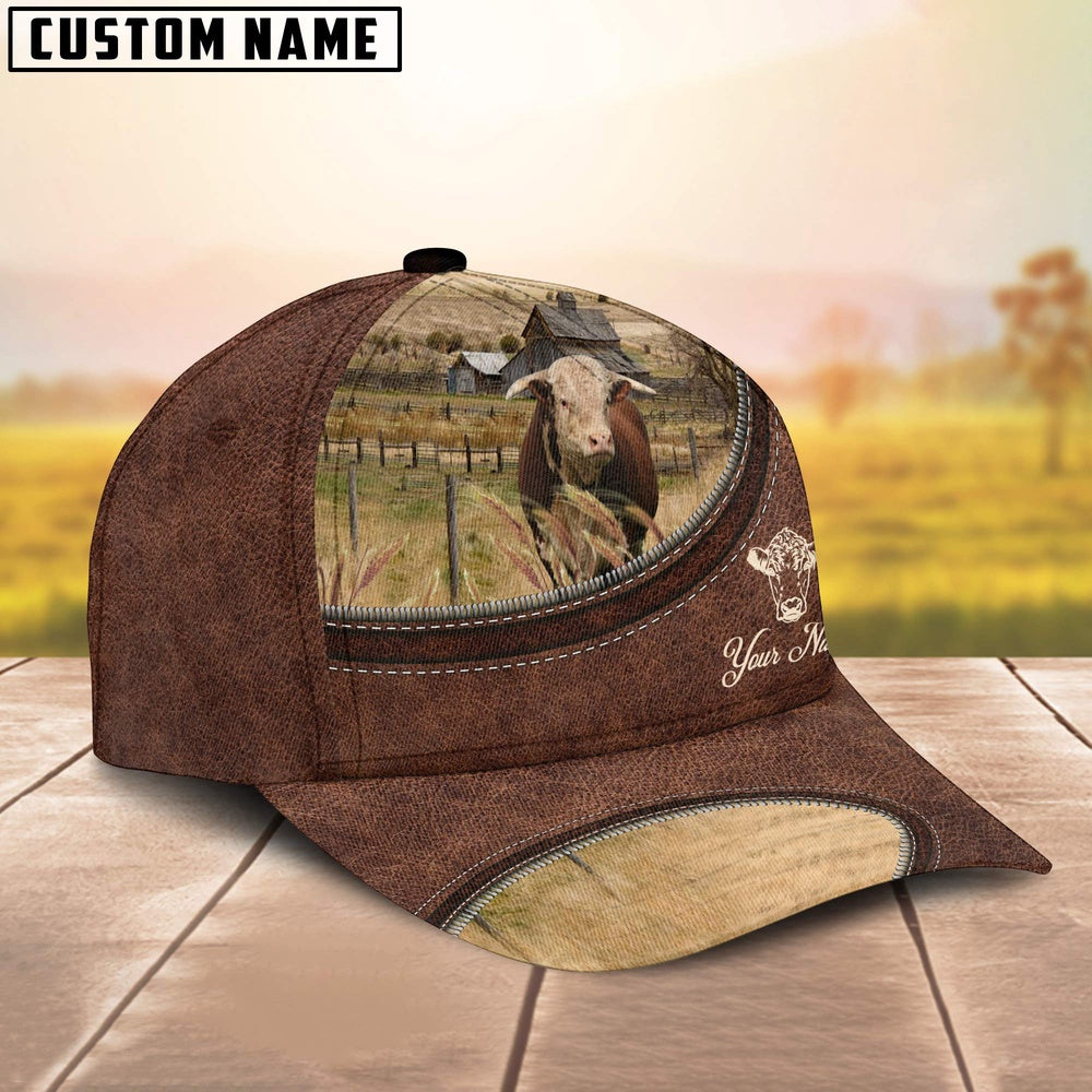Horn Hereford On The Farm Customized Name Leather Pattern Cap, Farmer Cap, Cap For Farmers, Best Farm Hat, Farm Use Hat