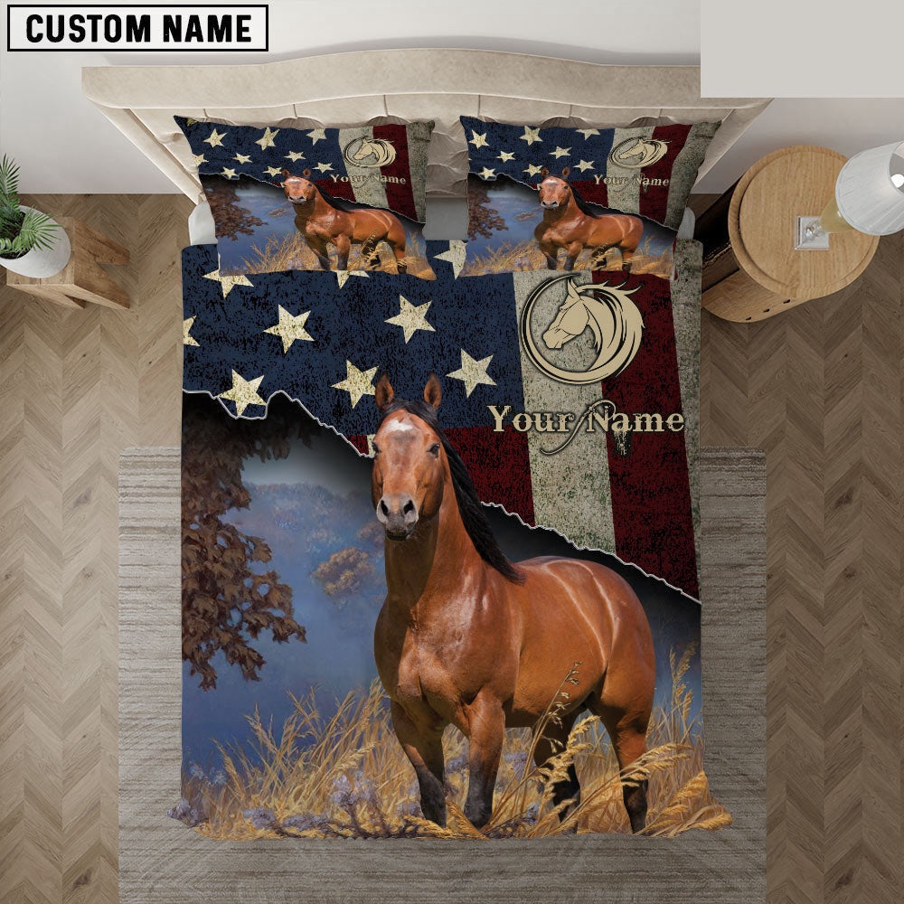 Horse America Customized Name Bedding Set, Farm Bedding Set, Farmhouse Bedding Set