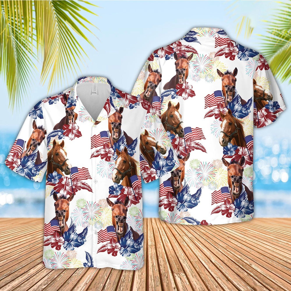 Horse American Flowers And Flag Pattern Hawaiian Shirt, Farm Hawaiian Shirt, Farmer Hawaii