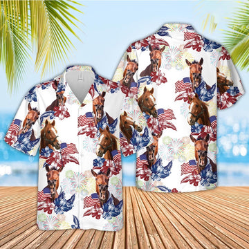 Horse American Flowers And Flag Pattern Hawaiian Shirt, Farm Hawaiian Shirt, Farmer Hawaii