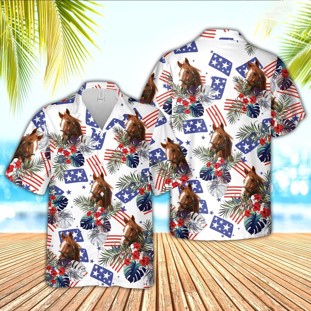 Horse American Little Flowers And Flag Pattern Hawaiian Shirt, Farm Hawaiian Shirt, Farmer Hawaii