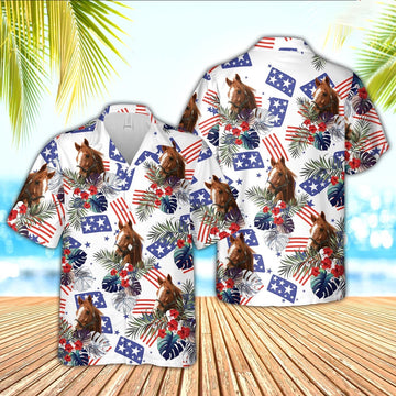 Horse American Little Flowers And Flag Pattern Hawaiian Shirt, Farm Hawaiian Shirt, Farmer Hawaii