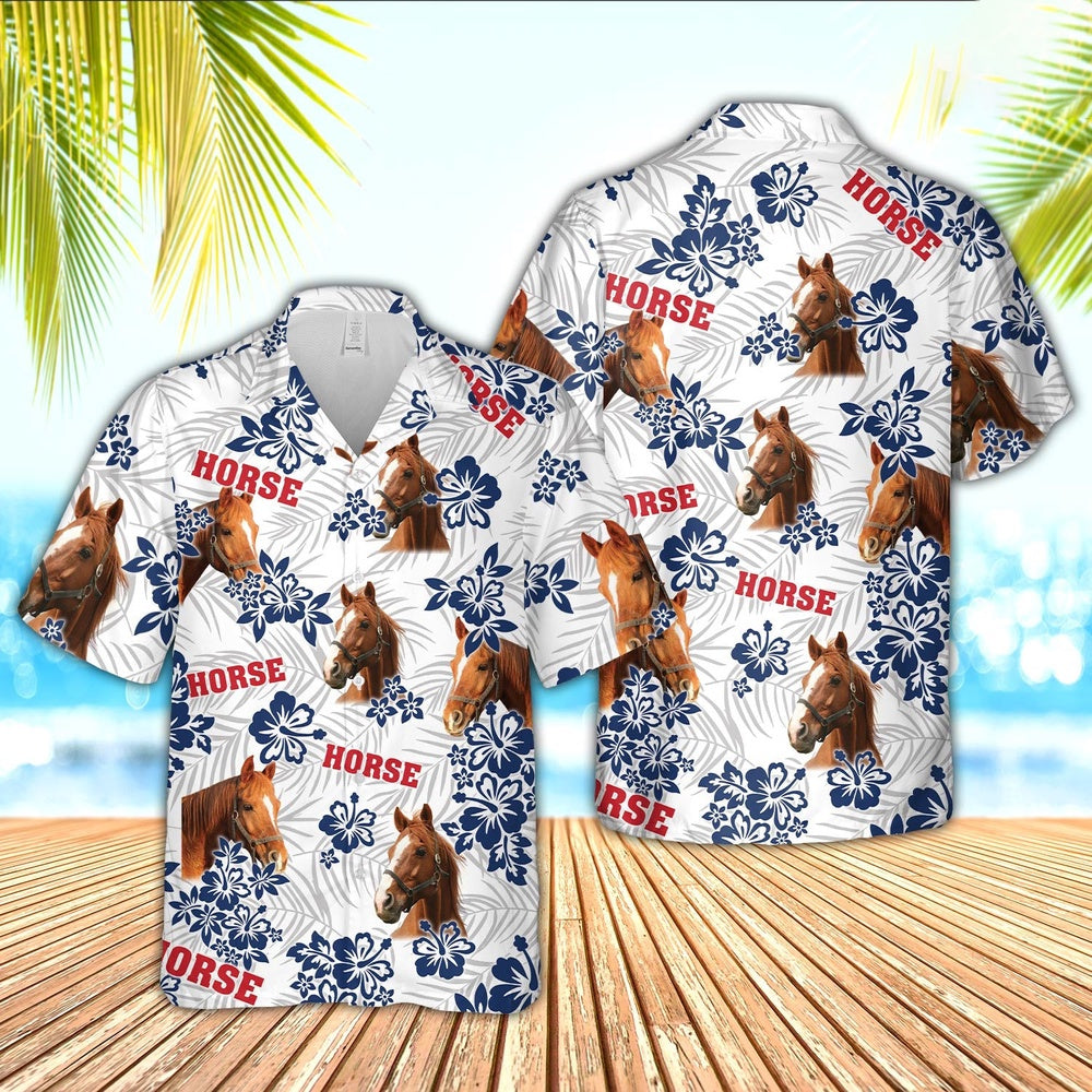 Horse American White Flowers Pattern Hawaiian Shirt, Farm Hawaiian Shirt, Farmer Hawaii