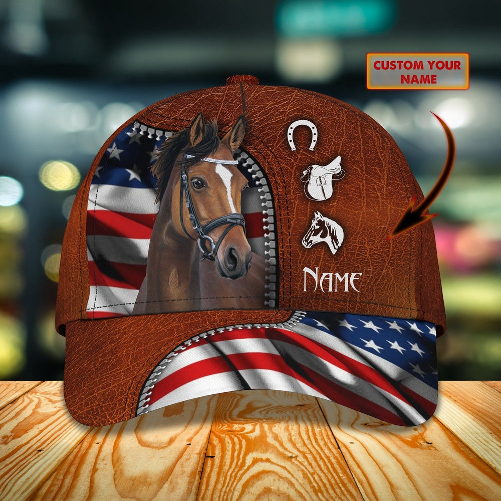 Horse And American Flag Customized Name Cap, Farmer Cap, Cap For Farmers, Best Farm Hat, Farm Use Hat