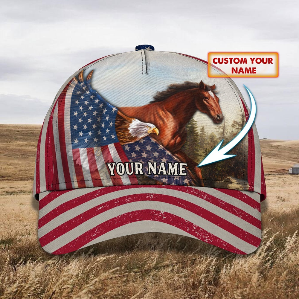Horse And Eagle American Flag Customized Name Cap, Farmer Cap, Cap For Farmers, Best Farm Hat, Farm Use Hat