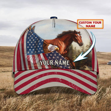 Horse And Eagle American Flag Customized Name Cap, Farmer Cap, Cap For Farmers, Best Farm Hat, Farm Use Hat
