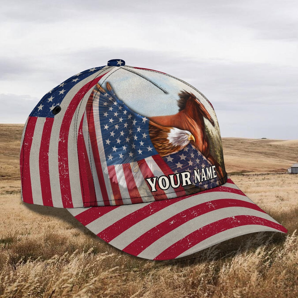 Horse And Eagle American Flag Customized Name Cap, Farmer Cap, Cap For Farmers, Best Farm Hat, Farm Use Hat