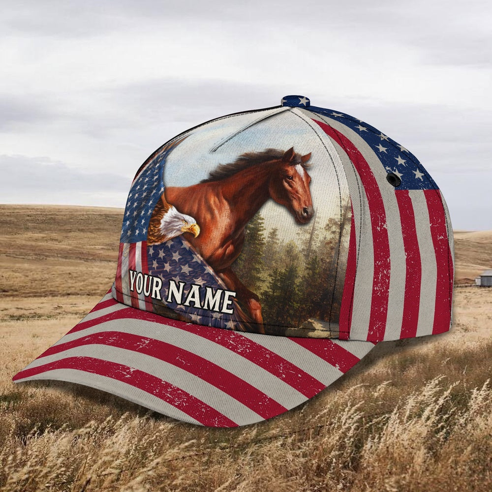 Horse And Eagle American Flag Customized Name Cap, Farmer Cap, Cap For Farmers, Best Farm Hat, Farm Use Hat