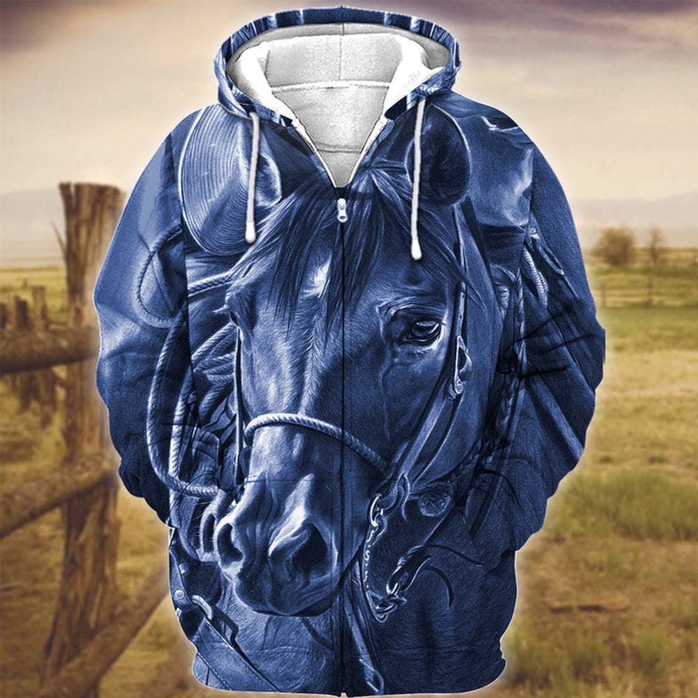 Horse Art Blue Version 3D Hoodie, Farmer Hoodie, Farm Themed Shirts, Farm Tee Shirts