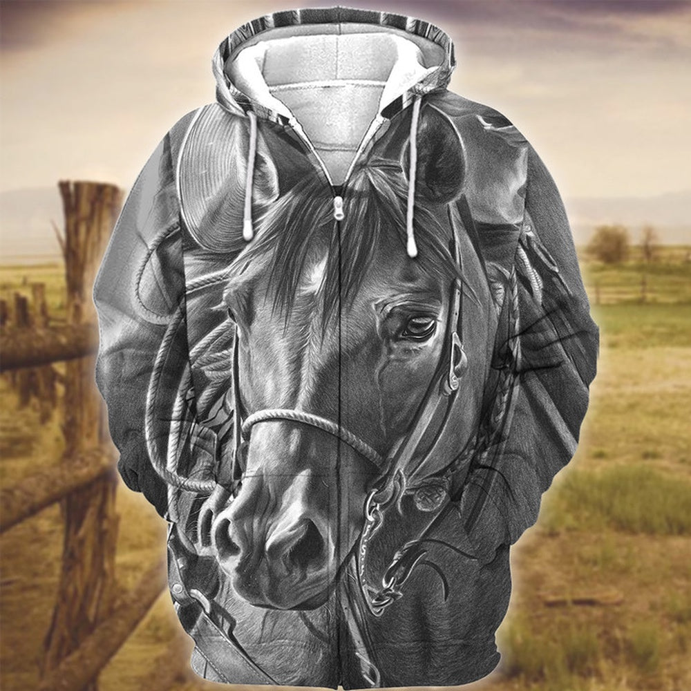 Horse Art Gray Version 3D Hoodie, Farmer Hoodie, Farm Themed Shirts, Farm Tee Shirts